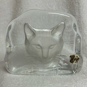 Vintage Cristal d'Arques France cat paperweight Lead Crystal Reverse Relief